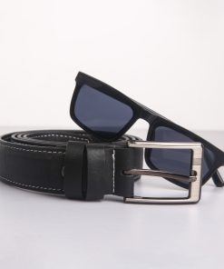 LuxekitGenuine Leather Belt with Square-Frame Sunglasses Combo (white sewing)